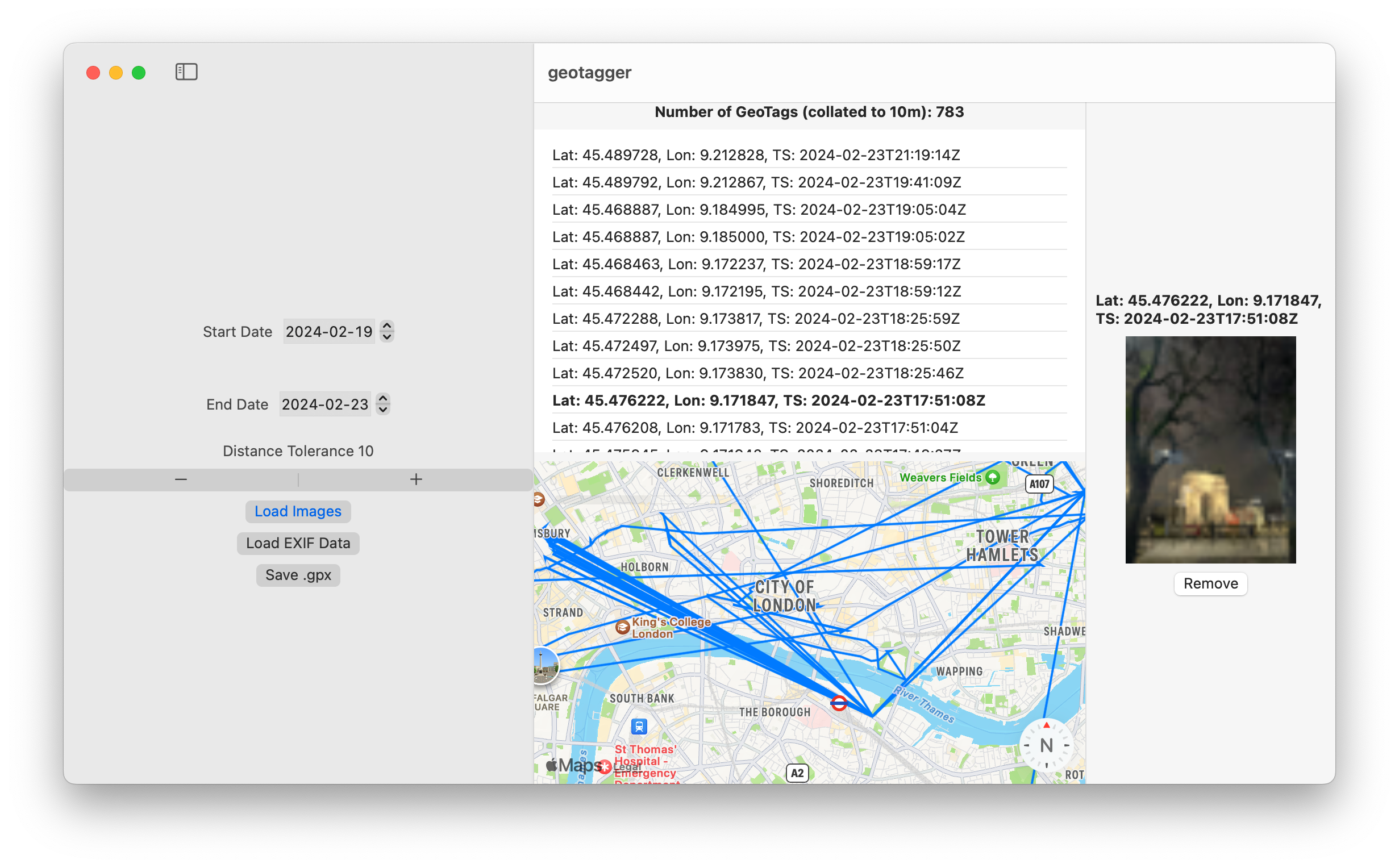 GeoTagger failing to properly generate a map because of interpolated images in the dataset.