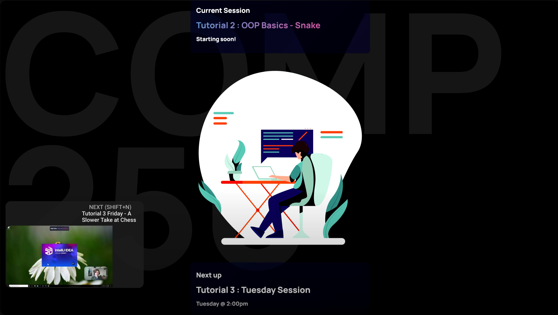 Pre-roll graphics, with a peek at the screen share system at the bottom left