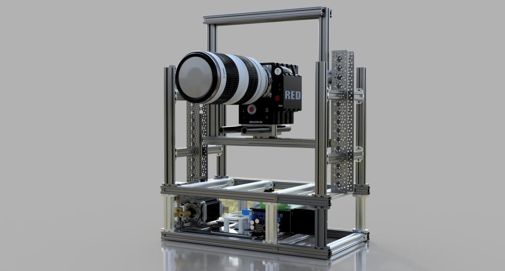 Using aluminium X beams, the NEMA23 stepper mount and bevel gear have adjustable spacing in order to ensure gear meshing regardless of shaft length.